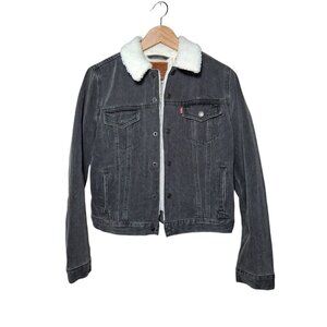Levis Trucker Jacket Womens Medium Black Wash Denim Sherpa Lined